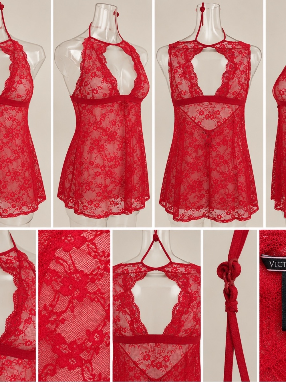 Victoria's Secret Red Sheer Floral Lace Halter Babydoll Chemise